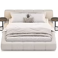 Modern Beige Upholstered Double Bed Interior With White Gray Pillows Quilt And Black Nightstand