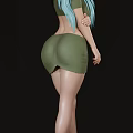 3D Rendered Woman With Turquoise Long Hair Sheep Horn Headpiece Green Short Skirt Different Poses