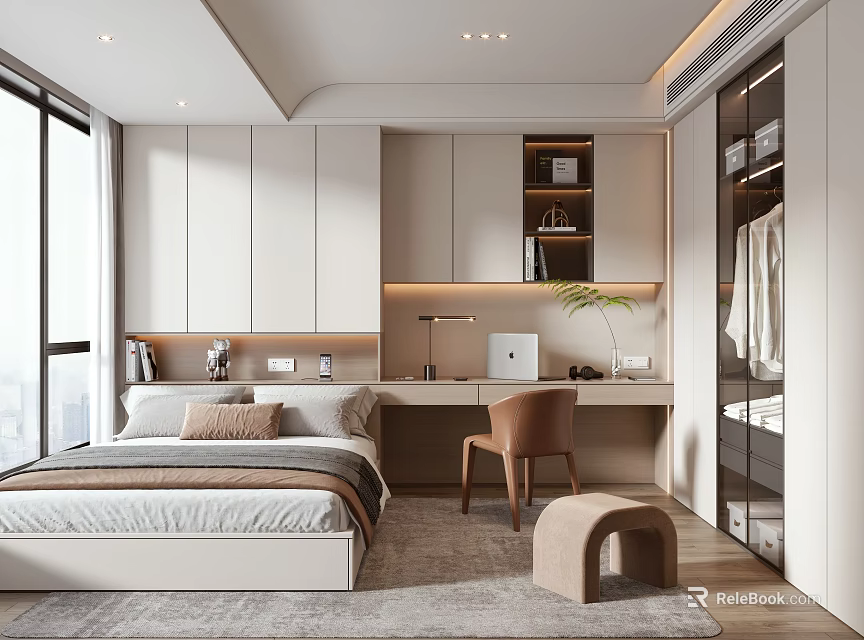 Minimalist Modern Tatami Bedroom Interior Design With Desk Storage Cabinets And Soft Lighting Rug 3d model 