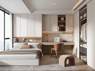 Minimalist Modern Tatami Bedroom Interior Design With Desk Storage Cabinets And Soft Lighting Rug 3d model