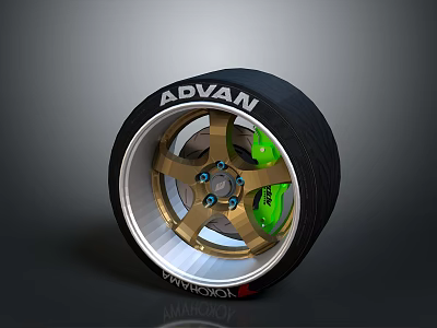 Car Wheel With ADVAN Brand Golden Rim And Green Brake Caliper Design 3d model