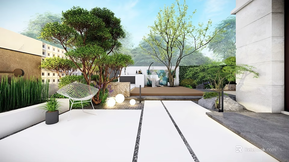 Modern Courtyard Garden Landscape With Lush Trees Green Plants Outdoor Seating Pathway And Round Lights 3d model 