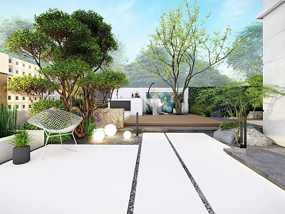 Modern Courtyard Garden Landscape With Lush Trees Green Plants Outdoor Seating Pathway And Round Lights 3d model