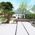 Modern Courtyard Garden Landscape With Lush Trees Green Plants Outdoor Seating Pathway And Round Lights