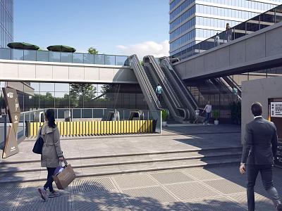 Outdoor Escalator In Modern Commercial Building With Glass Facade Steps And Greenery 3d model