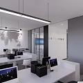 Modern Public Office Area With Glass Partitions Workstations Computers And Minimalist Design