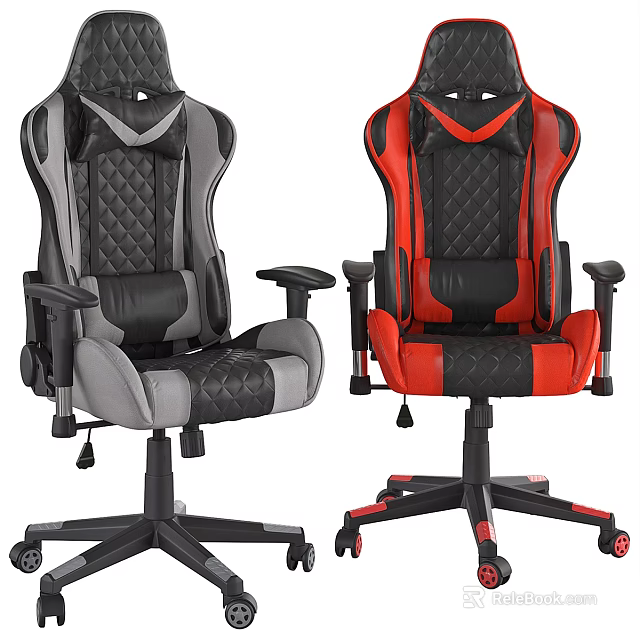 Gray And Red Black Gaming Chairs With Quilted Design And Adjustable Arms 3d model 