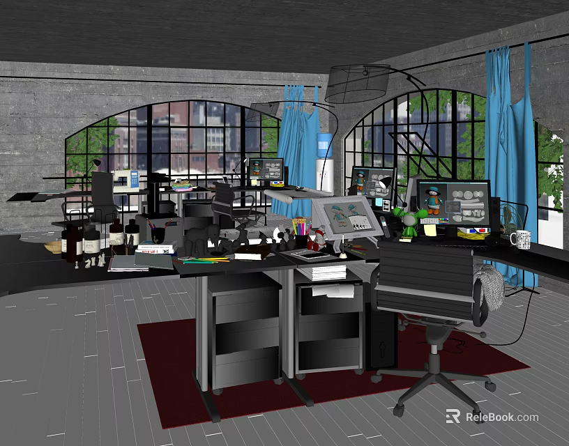 Public Office Space With Desks Computers Office Equipment Arched Windows And Green Plants 3d model 