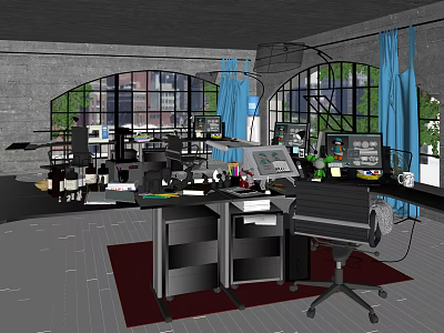 Public Office Space With Desks Computers Office Equipment Arched Windows And Green Plants 3d model