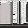 Public Restroom With Open Toilet Stall Doors And Hexagonal Tile Walls