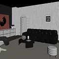 Modern Living Room Interior With Black Leather Sofa Striped Rug Red Artwork And White Sideboard