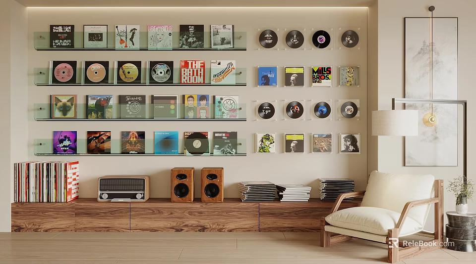 Vinyl Records And Album Covers Display Wall With Stereo Speakers And Radio 3d model 