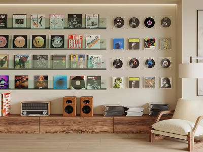 Vinyl Records And Album Covers Display Wall With Stereo Speakers And Radio 3d model