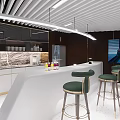 Modern Car Showroom With Glass Facade Bar Counter And Car