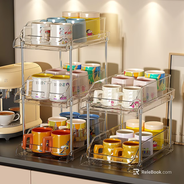 Colorful Cups With Various Designs Neatly Arranged On Multilayer Kitchen Rack 3d model 