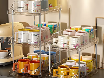 Colorful Cups With Various Designs Neatly Arranged On Multilayer Kitchen Rack 3d model