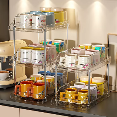 Colorful Cups With Various Designs Neatly Arranged On Multilayer Kitchen Rack 3d model