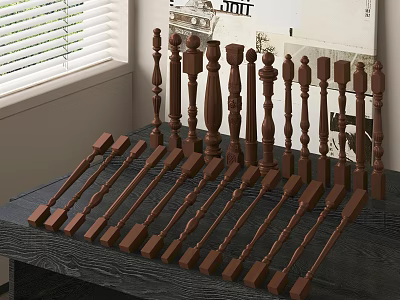 Brown Wooden Railing Components Including Balusters And Handrails Displayed On Indoor Table 3d model