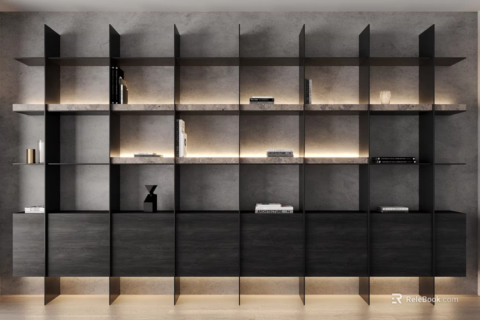 Modern Dark Wood Bookcase With Layered Shelves Embedded Lighting And Storage 3d model 