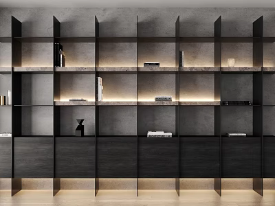 Modern Dark Wood Bookcase With Layered Shelves Embedded Lighting And Storage 3d model