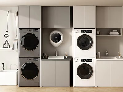 Modern Washing Machines With Cabinetry Sink And Mirror In Laundry Room 3d model