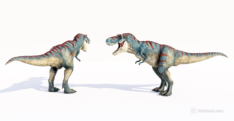 Reptile Dinosaurs With Red Stripes Blue Gray Bodies Facing Each Other Open Mouths Standing Posture 3d model 