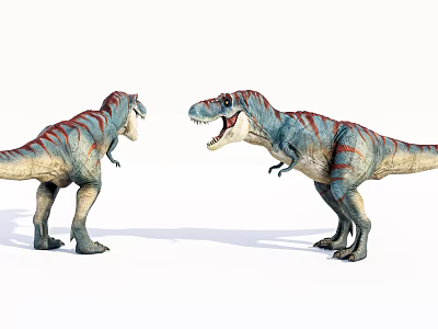 Reptile Dinosaurs With Red Stripes Blue Gray Bodies Facing Each Other Open Mouths Standing Posture 3d model