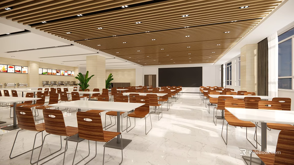 Spacious Dining Hall Interior With Wooden Ceiling White Tables And Chairs 3d model