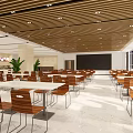 Spacious Dining Hall Interior With Wooden Ceiling White Tables And Chairs 3d model