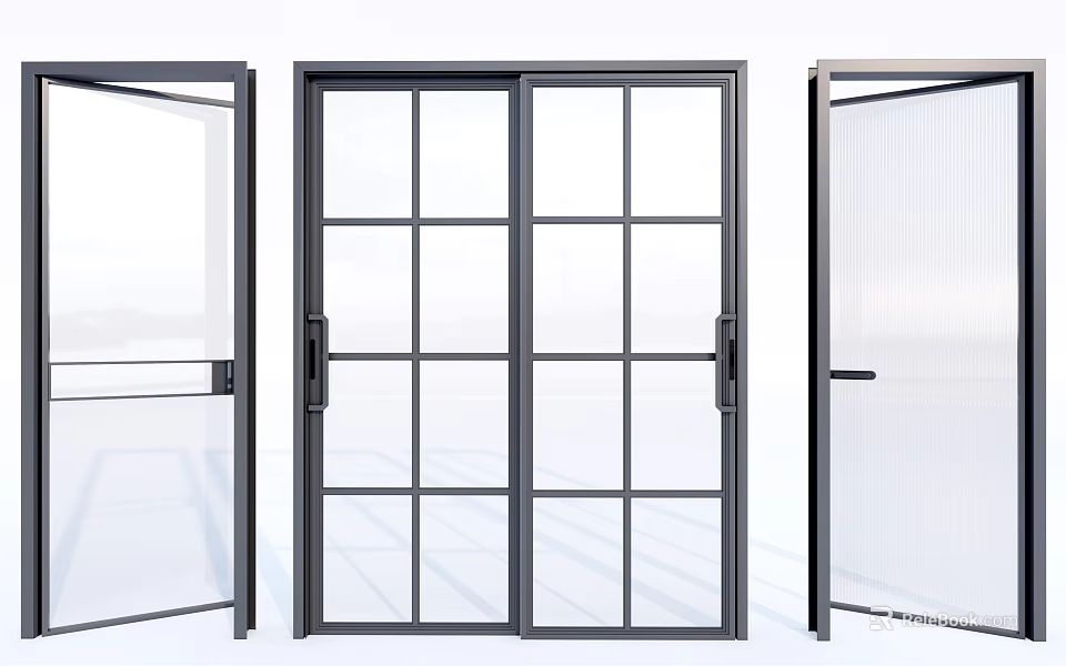 Modern Glass Doors With Black Frame And Transparent Panel Design 3d model