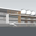 Modern Architectural Building With Wooden Grille Glass Windows And Front Lawn