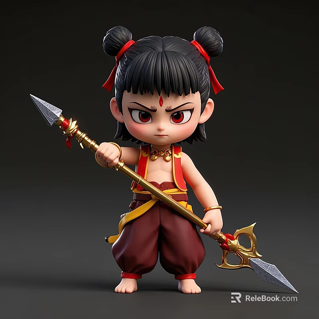 Cute Game Movie Character With Black Double Buns Red Headbands And Golden Spear 3d model 