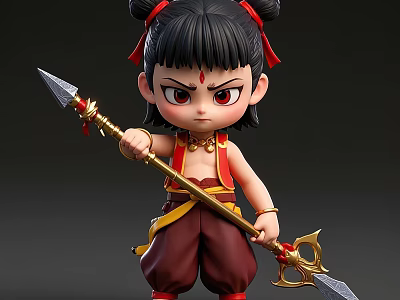 Cute Game Movie Character With Black Double Buns Red Headbands And Golden Spear 3d model