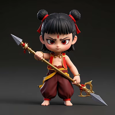Cute Game Movie Character With Black Double Buns Red Headbands And Golden Spear 3d model