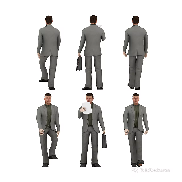 Business Man In Gray Suit With Briefcase And Documents In Various Poses 3d model 
