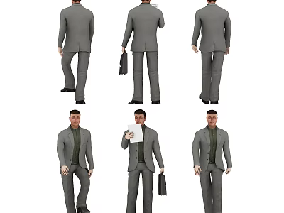 Business Man In Gray Suit With Briefcase And Documents In Various Poses 3d model