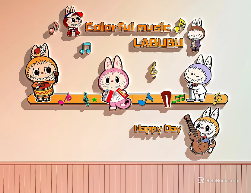 Colorful Happy Dance Studio Interior with Musical Notes and Cartoon Rabbits 3d model 