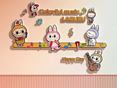 Colorful Happy Dance Studio Interior with Musical Notes and Cartoon Rabbits 3d model