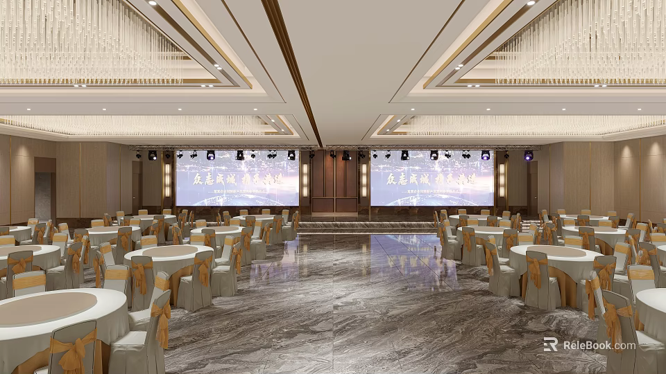 Elegant Luxury Hotel Banquet Hall With Polished Marble Floor LED Stage And Round Dining Tables 3d model 
