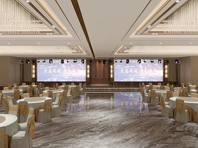 Elegant Luxury Hotel Banquet Hall With Polished Marble Floor LED Stage And Round Dining Tables 3d model
