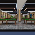 Spacious Billiard Room Interior With Multiple Tables Decorative Paintings And Ceiling Lights 3d model