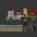 Detached Villa On Cliff With Red Trees Terrace Water And Small Boat