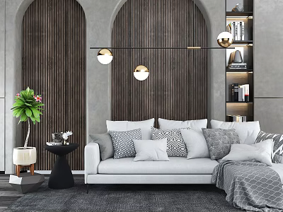 White Sectional Sofa With Pillows In Living Room Wooden Arched Wall And Pendant Lights 3d model