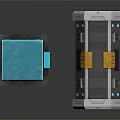 Sci Fi Scene Components With Blue Illuminated Square Panel And Hexagonal Gold Strapped Box