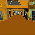 Orange Gallery Corridor Interior With Colorful Butterfly Paintings On