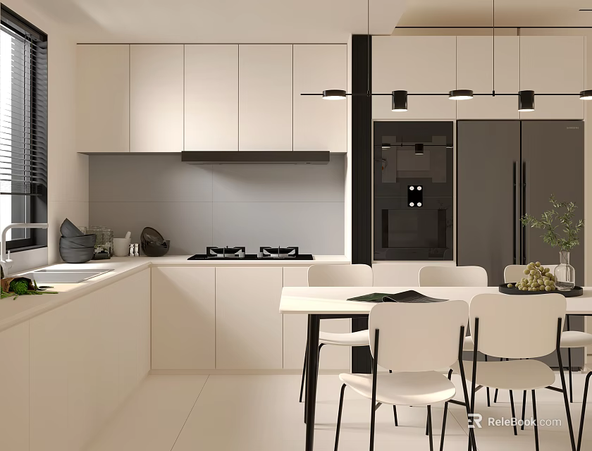 Modern Restaurant Kitchen Interior With White Cabinets White Countertops Black Refrigerator And Dining Chairs 3d model 