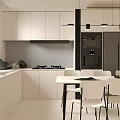Modern Restaurant Kitchen Interior With White Cabinets White Countertops Black Refrigerator And Dining Chairs