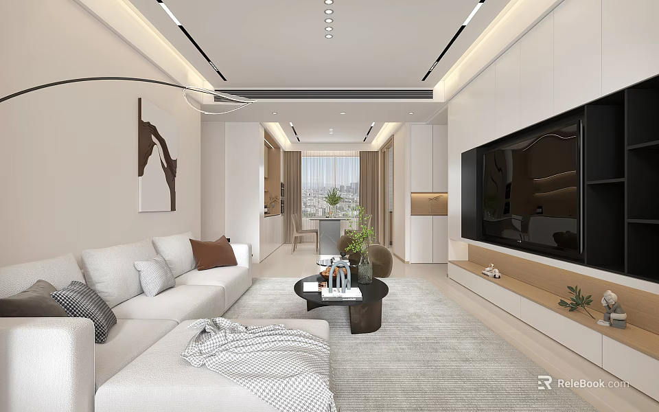 Modern Living And Dining Area Interior With White Sofa TV Wall Coffee Table And Decorative Painting 3d model 