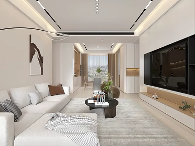 Modern Living And Dining Area Interior With White Sofa TV Wall Coffee Table And Decorative Painting 3d model