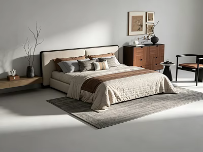 Modern Double Bed With Neutral Tones Pillows Bedspread Nightstand Wall Art And Rug 3d model